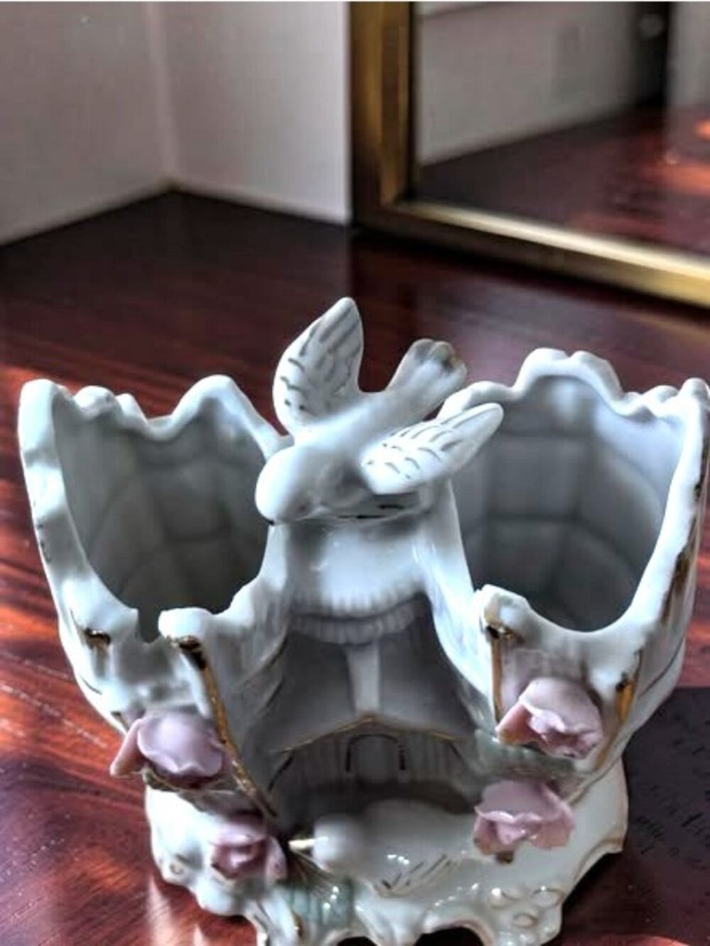 Vintage Bone China Birdhouse Small 2 Hole Vase With Birds & Pink Rose Accents - - Picture 3 of 7